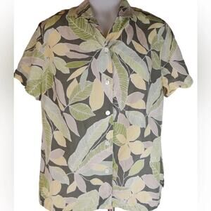 Linden Hill green, grey and yellow Hawaiian floral print camp shirt, size Large.